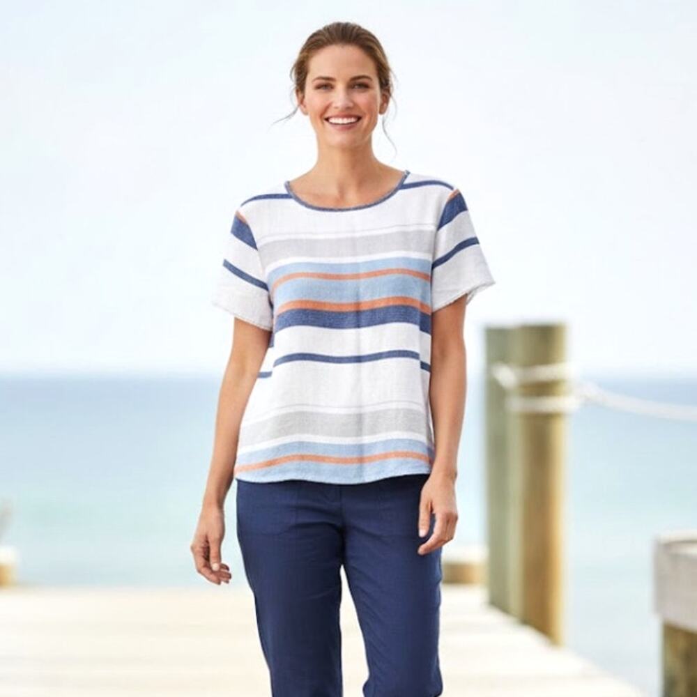 Epoca 100% Linen Striped Tunic Top Short Sleeve Made In Italy L Summer Resort